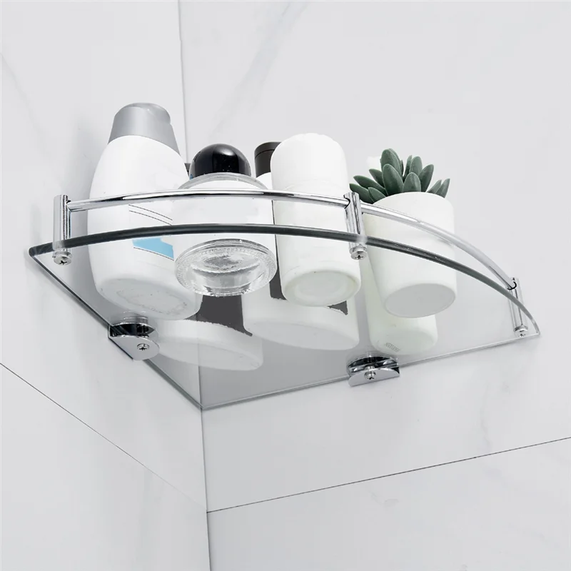 Étagère d'Angle Salle de Bain en Verre Trempé 6 mm, Supports Chromés