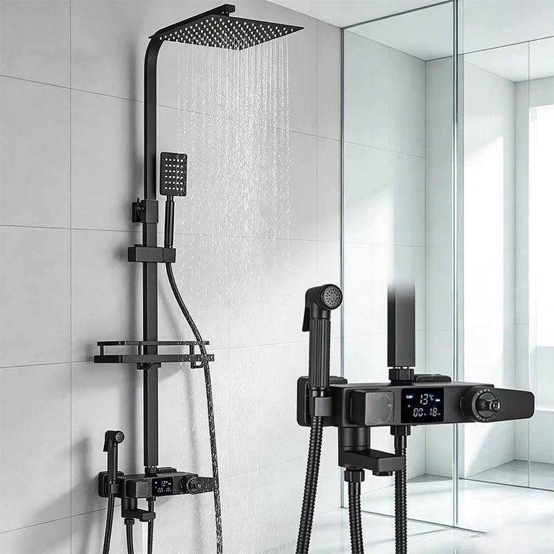 Colonne de Douche Carrée Thermostatique avec Douchette et Étagère