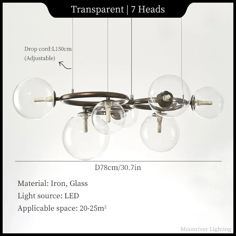 Suspension Cuisine Globes Verre sur Anneaux, 5, 7 ou 9 Têtes