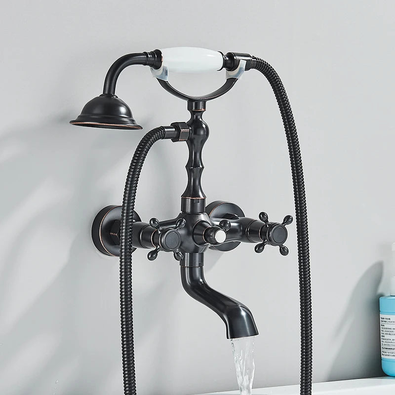 Robinet Baignoire Douche Rétro à Double Poignée, avec Douchette