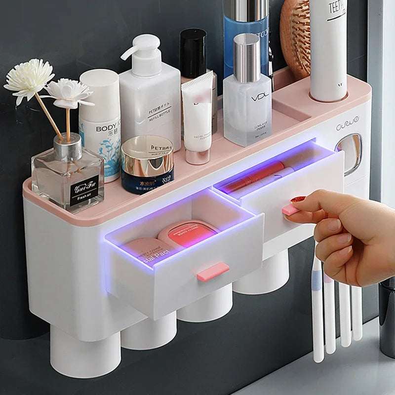 Porte-Brosse à Dents Mural Sans Perçage avec Distributeur de Dentifrice et Gobelets