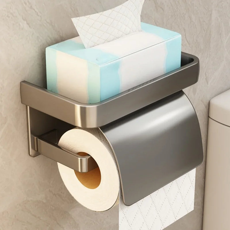 Porte-Papier Toilette Mural avec Tablette et Couvercle, Noir, Gris ou Argenté