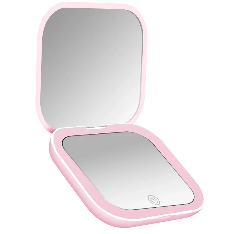 Miroir de Poche LED Carré Pliant Rechargeable USB-C 2x, Rose ou Blanc