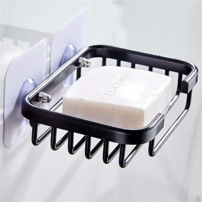 Porte-Savon Mural Panier Aluminium Noir ou Argent Sans Perçage, 13 x 9 cm