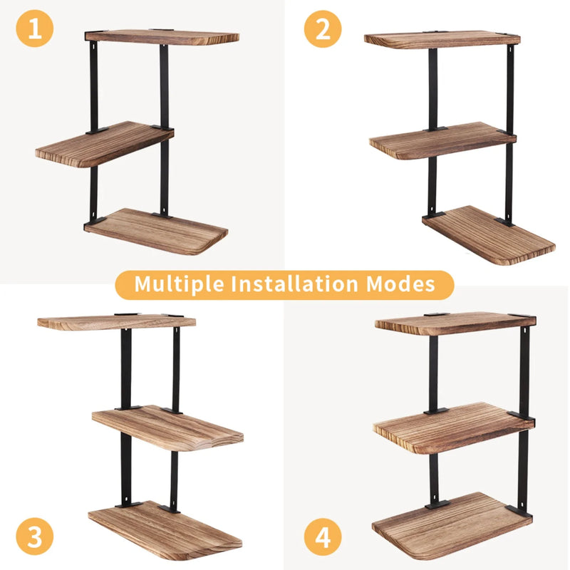 Étagère d'Angle Murale 3 Niveaux Bois et Métal Noir, 44 cm