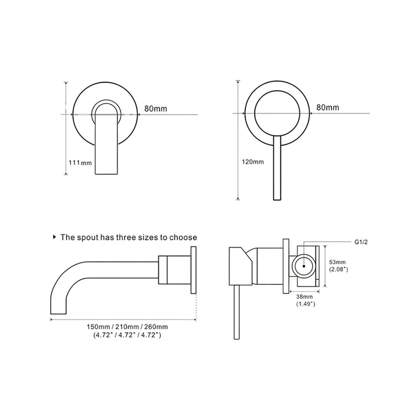 Robinet Mural Lavabo Encastré Laiton, Bec 15 à 26 cm, 9 Finitions