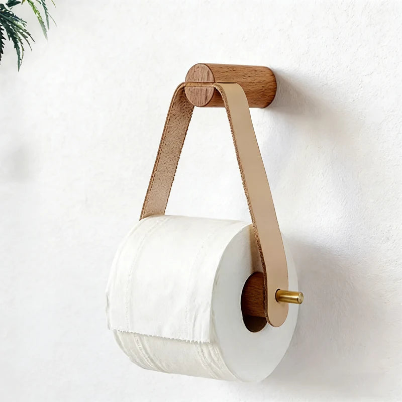 Porte-Papier Toilette Mural Bois et Sangle en Cuir, Sans Perçage ou Vissé