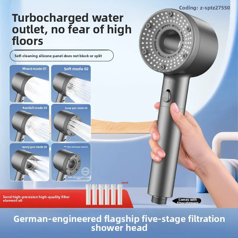 Pommeau de Douche Haute Pression 5 Modes avec 6 Filtres Gris, Blanc ou Bleu