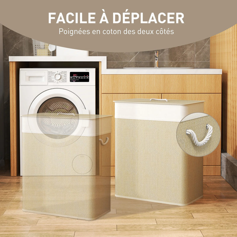 Panier à Linge Double Compartiment Bambou 100 L Crème