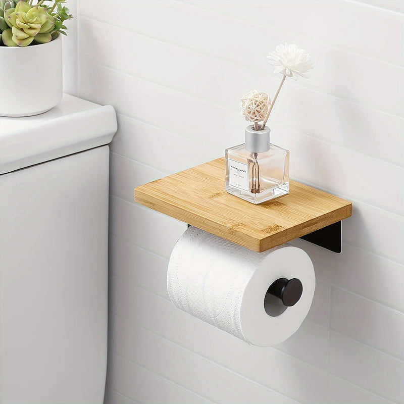 Porte-Papier Toilette avec Étagère Bambou pour Téléphone et Rouleau