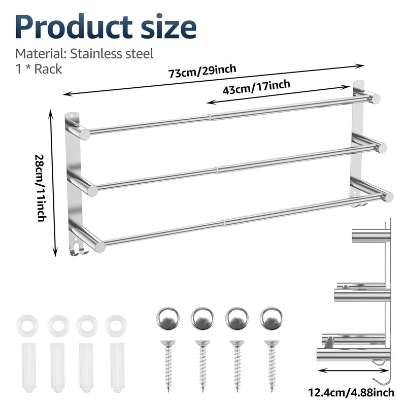 Porte-Serviettes Mural Inox 3 Barres Extensible, 43 à 73 cm