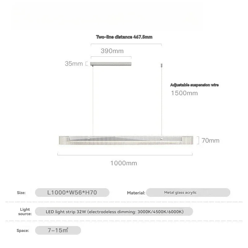Suspension Cuisine Linéaire LED Verre Cannelé, 3 Finitions, 100 à 140 cm