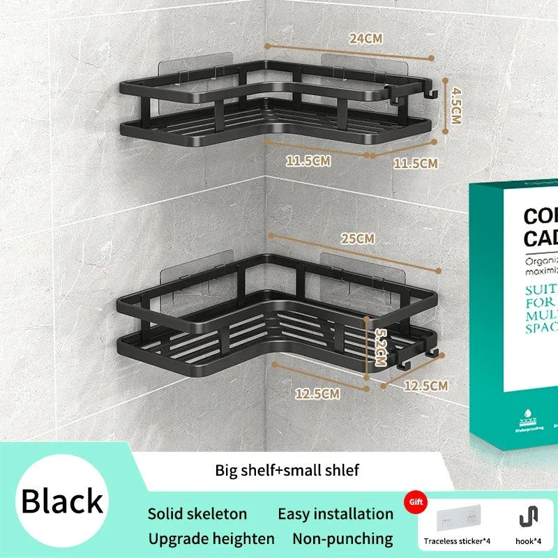 Étagère de Douche d'Angle Sans Perçage Noir ou Blanc, 2 Étagères et Accessoires