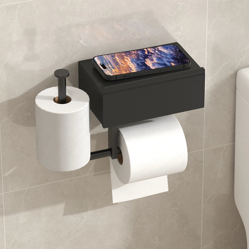 Porte-Papier Toilette avec Tiroir Lingettes et Étagère Sans Perçage Noir ou Blanc