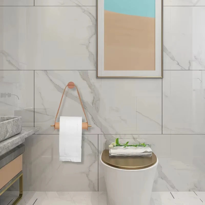 Porte-Papier Toilette Mural Bois et Sangle en Cuir, Sans Perçage ou Vissé