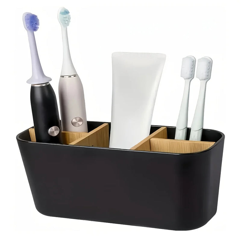Porte-Brosse à Dents Bambou 5 Compartiments Blanc ou Noir 19 cm