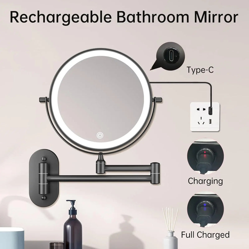 Miroir Grossissant LED Tactile Pliant Mural Rechargeable 3X 5X 7X 10X