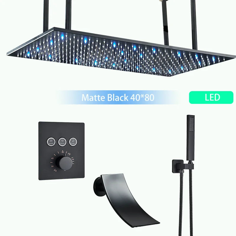 Douche Encastrable LED Plafond Cascade Noir Mat