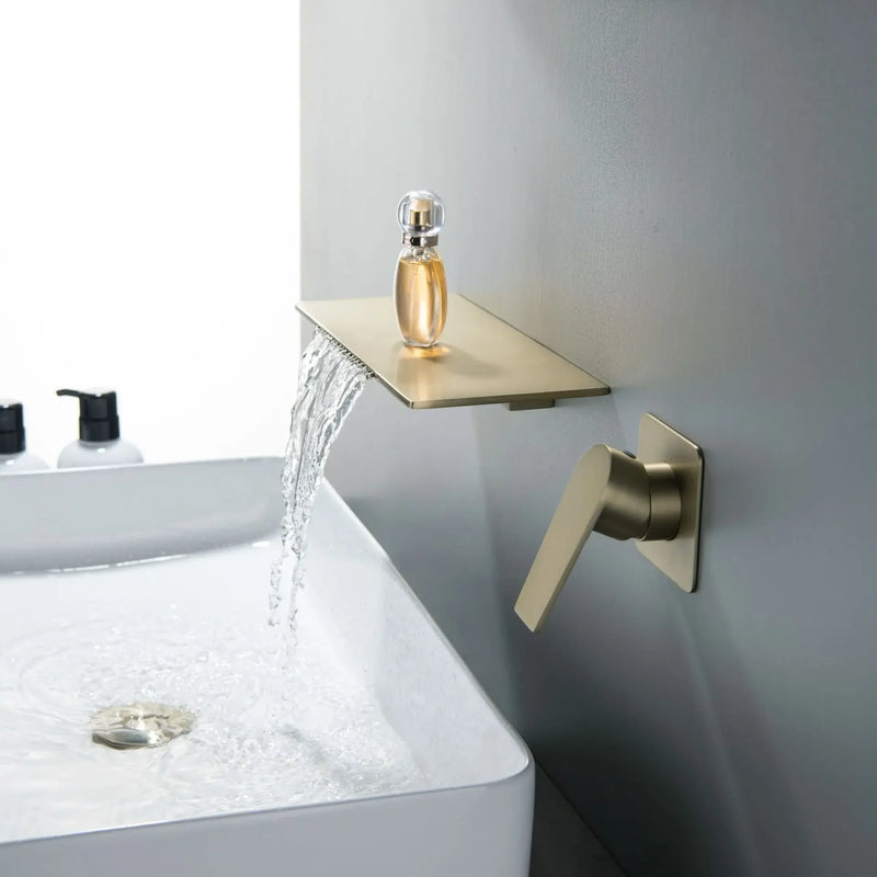 Robinet Mural Lavabo Cascade Encastré, Bec Plat, 4 Finitions