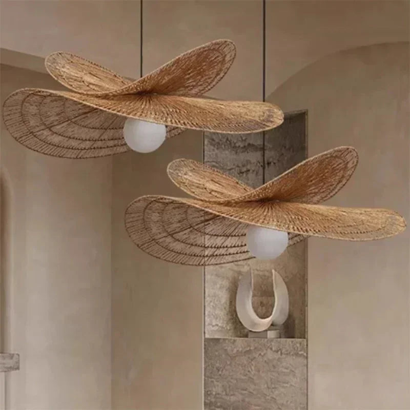 Suspension Cuisine Rotin Tressé Pétale, Brun ou Blanc, 40 à 100 cm