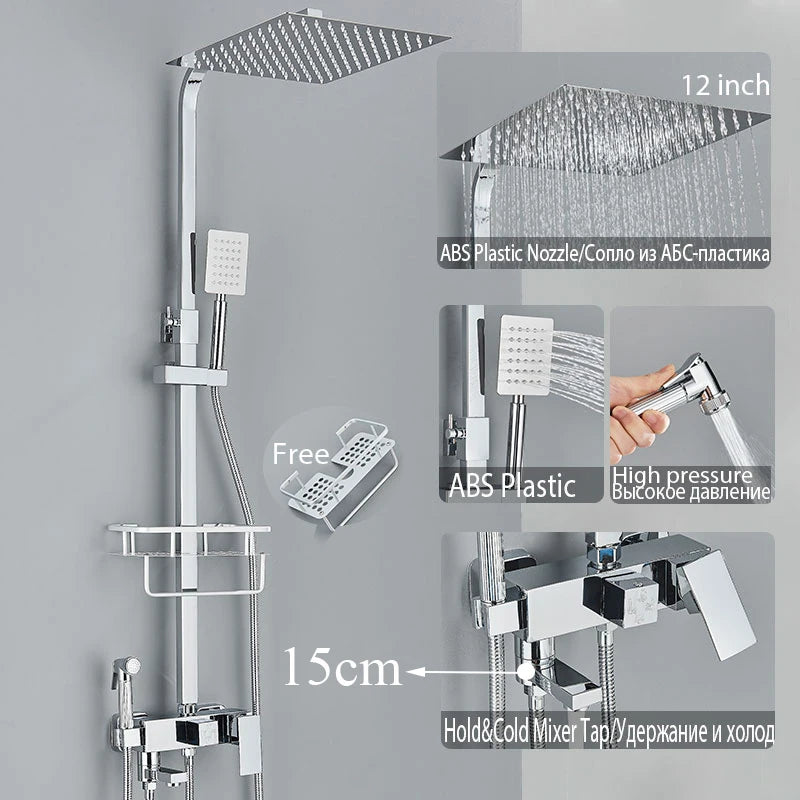 Colonne de Douche Réglable 73 à 116 cm avec Étagère, Noir, Chromé ou Doré