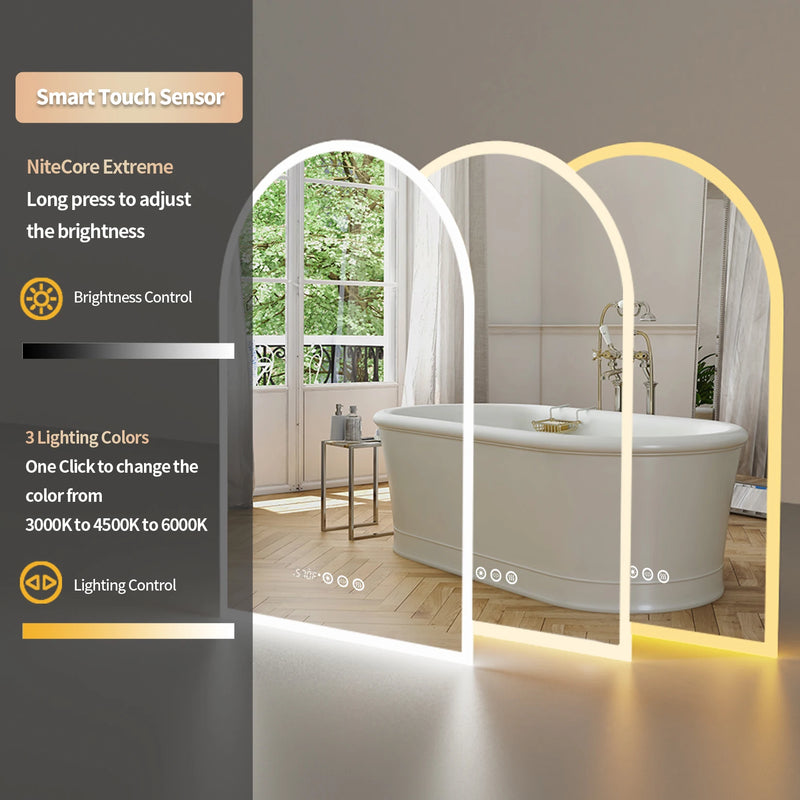 Miroir LED Salle de Bain Arche Anti-Buée avec Heure et Température