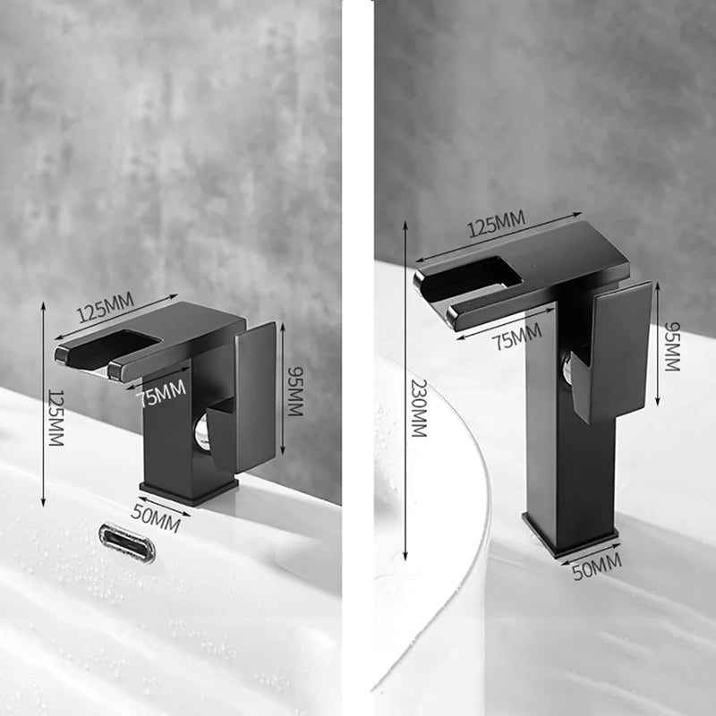 Mitigeur Lavabo Cascade LED Noir, Doré ou Chromé, Bec Court ou Haut