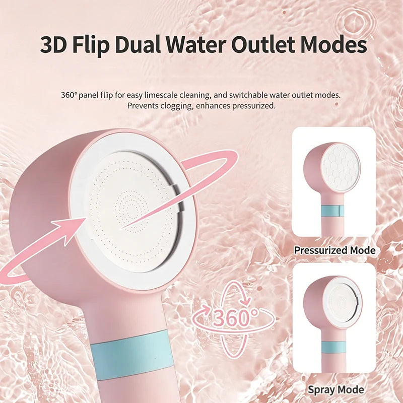 Pommeau de Douche Filtrant Réversible 360° avec Flexible, Rose ou Bleu