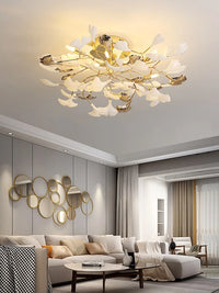 Suspension Cuisine Feuilles de Ginkgo Doré et Blanc, 60 à 150 cm