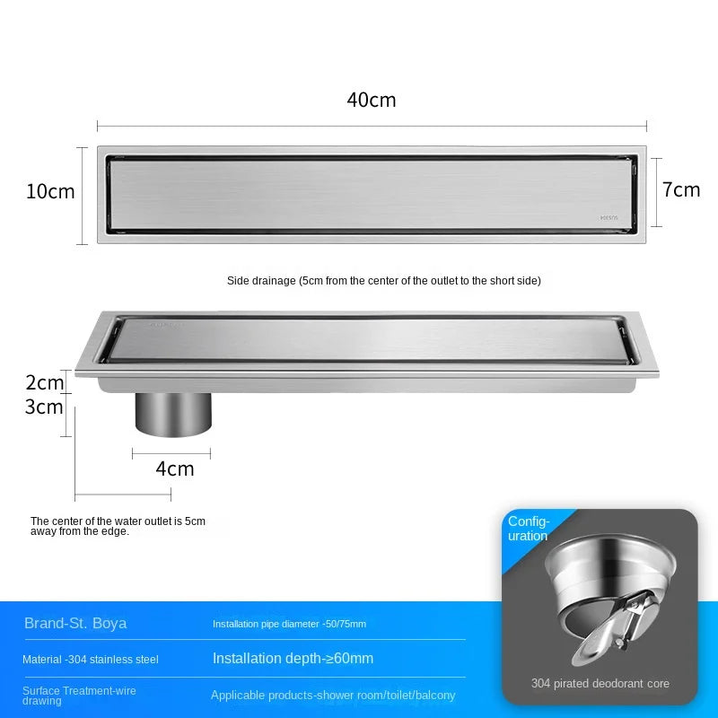 Caniveau de Douche Inox 304 Noir, Doré, Brossé, 20 à 60 cm