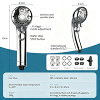 Pommeau de Douche à Main 6 Jets avec Bouton Stop, Chromé