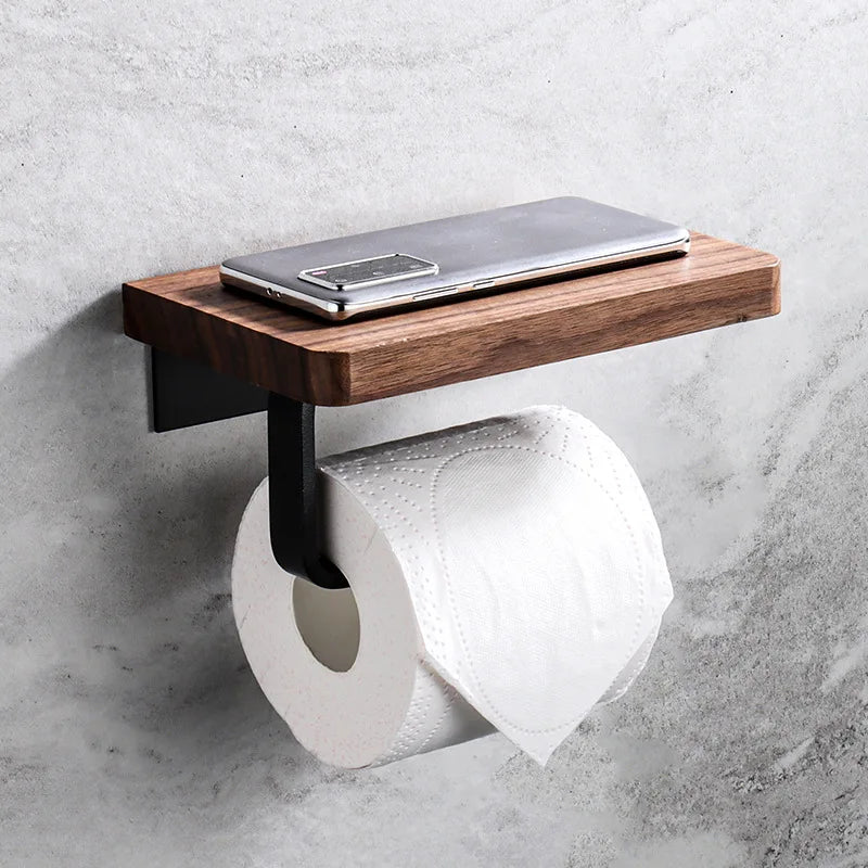 Accessoires Salle de Bain Noyer et Métal Noir à la Pièce, 4 Articles