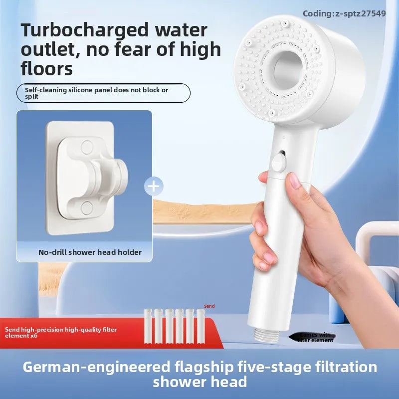 Pommeau de Douche Haute Pression 5 Modes avec 6 Filtres Gris, Blanc ou Bleu