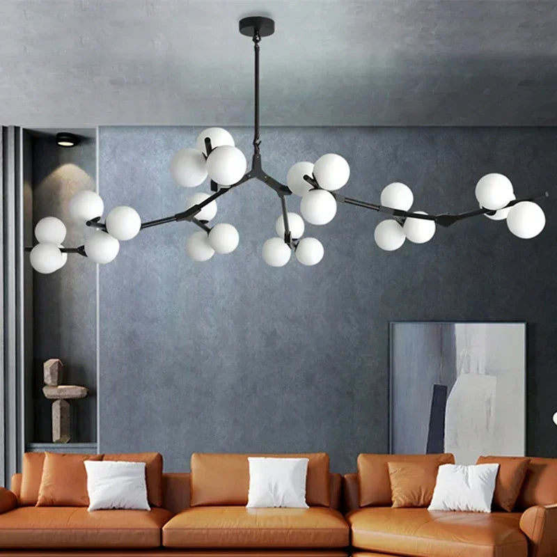 Lustre Suspension Cuisine Branches et Globes de Verre, Doré ou Noir