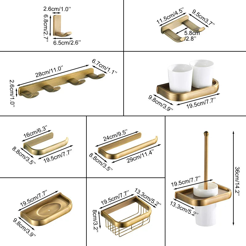 Accessoires Salle de Bain Laiton Vieilli Brossé à la Pièce, 9 Articles