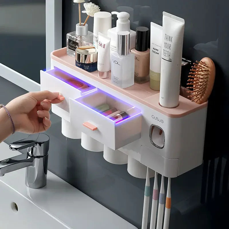 Porte-Brosse à Dents Mural Sans Perçage avec Distributeur de Dentifrice et Gobelets