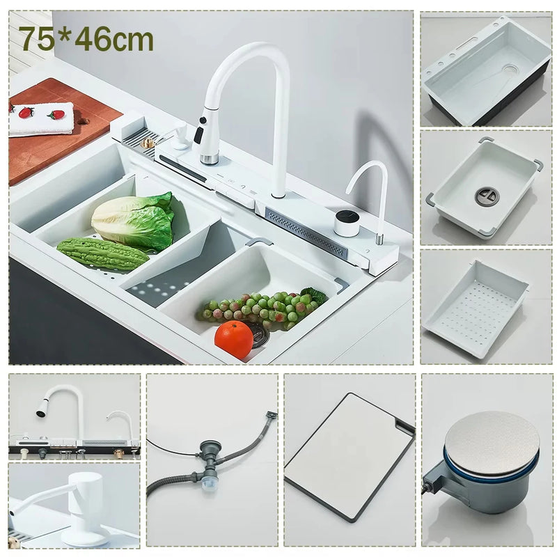 Évier Cuisine Inox 304 Cascade Tactile, Affichage Numérique, 75 x 46 cm