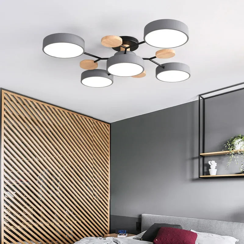 Plafonnier LED Nordique Bois, 1 à 7 Têtes, 4 Coloris