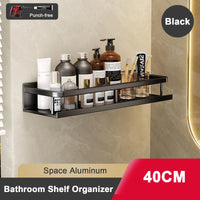 Étagère Salle de Bain Aluminium Sans Perçage Noir ou Gris avec Crochets, 30 à 50 cm