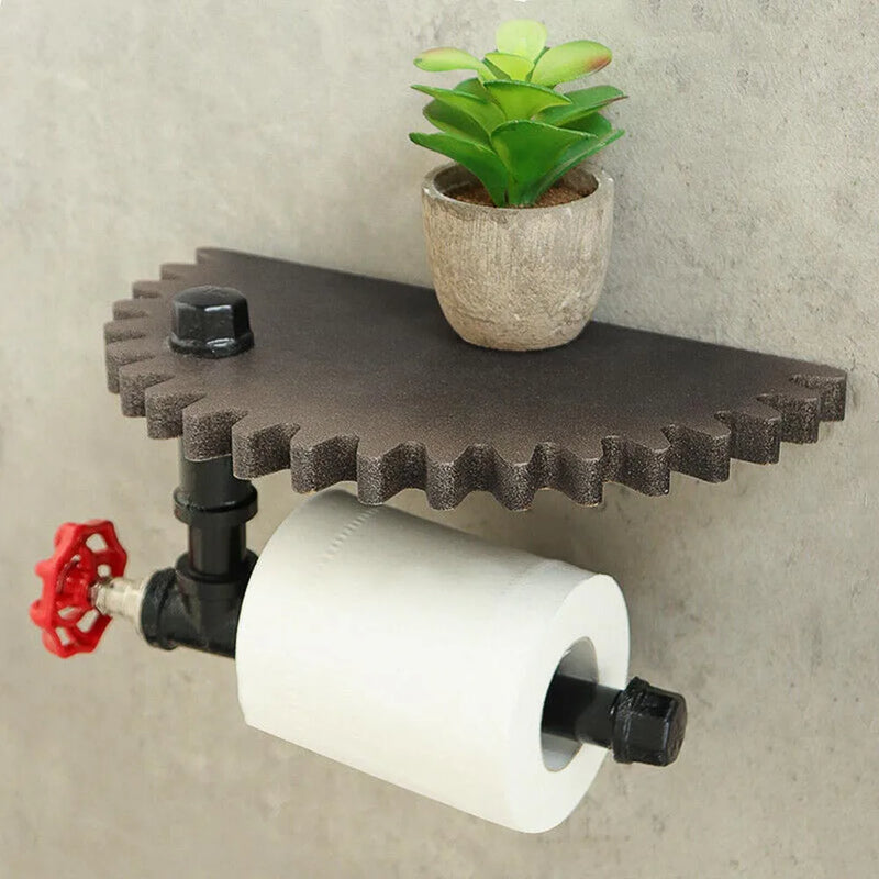 Porte-Papier Toilette Mural Rétro Industriel, Tablette Engrenage en Bois