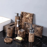 Accessoires Salle de Bain Marbre Marron Foncé à la Pièce, 9 Articles