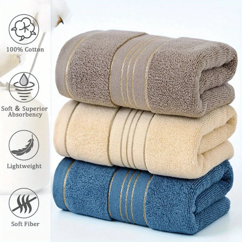 Serviette de Toilette Coton Taupe, Crème ou Bleu, Lignes Dorées 32 x 72 cm