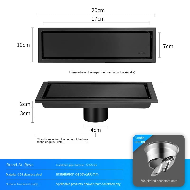 Caniveau de Douche Rectangulaire Inox 304 Anti-Odeur, 20 à 60 cm