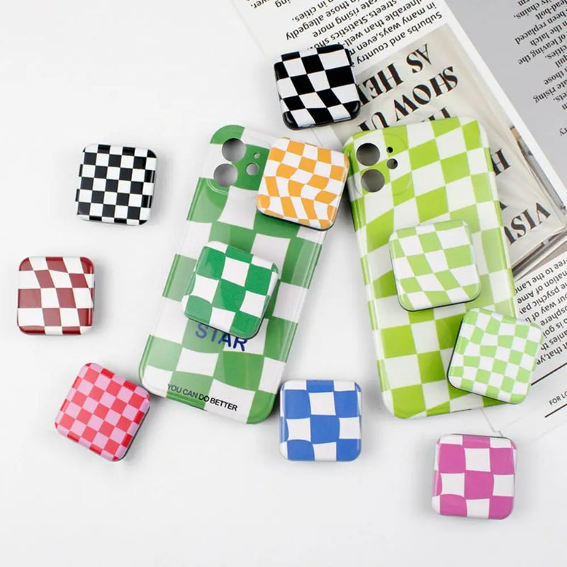 Miroir de Poche Carré Damier avec Poignée Support de Téléphone, 10 Motifs