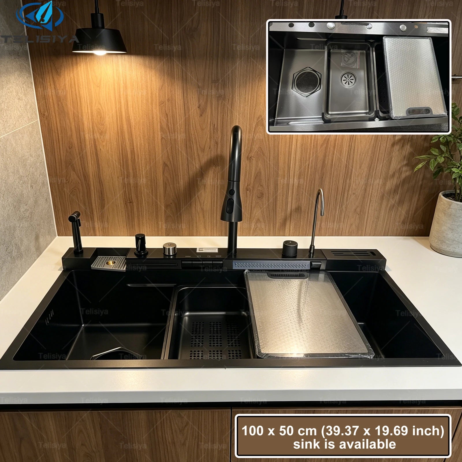 Évier de Cuisine Inox 304 Multifonction, Robinet Cascade, 68 à 100 cm