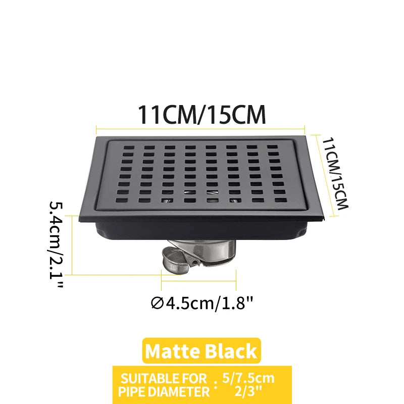 Caniveau de Douche Carré Anti-Odeur Inox 304, Grille 11 ou 15 cm