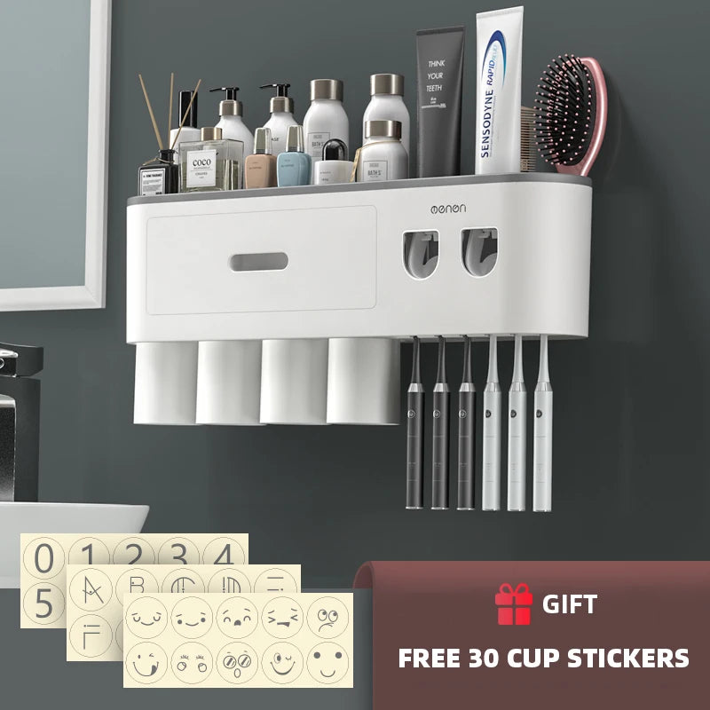 Porte-Brosse à Dents Mural Magnétique, Distributeur de Dentifrice, 1 à 5 Gobelets