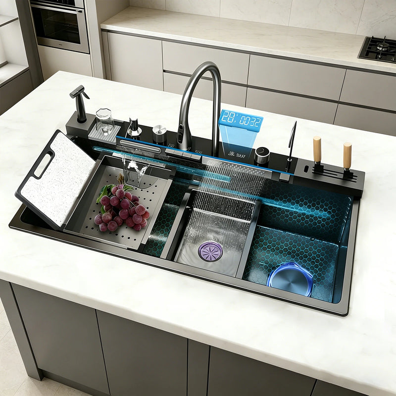 Évier de Cuisine Inox 304 Multifonction, Robinet Cascade, 68 à 100 cm