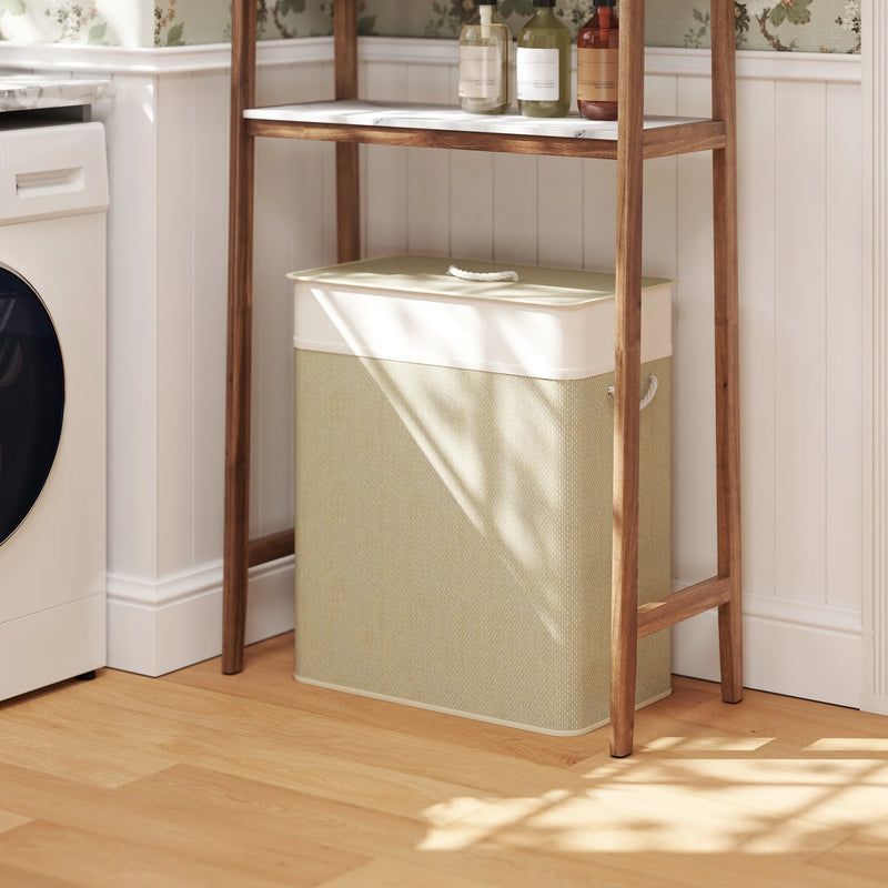 Panier à Linge Double Compartiment Bambou 100 L Crème