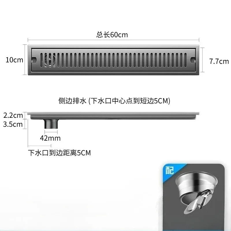 Caniveau de Douche Rectangulaire Inox 304 Anti-Odeur 10 x 60 cm